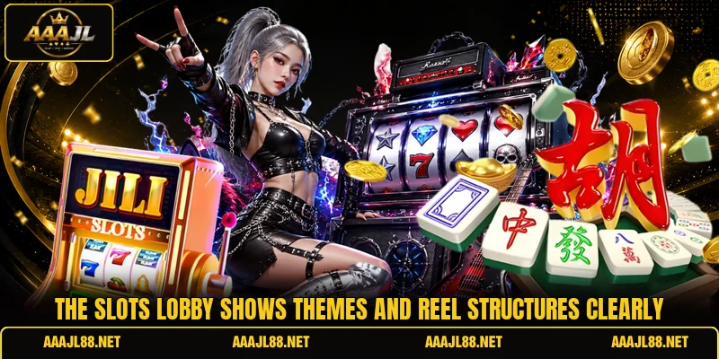 The slots lobby shows themes and reel structures clearly